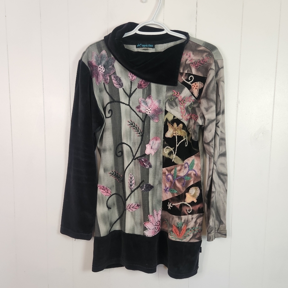Leopards & Roses Long Sleeve Black Velvet Tunic Sweater Embroidery Boho Bohemian